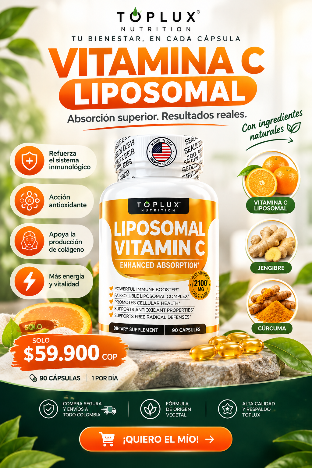 Frasco de vitamina C liposomal con sus ingredientes