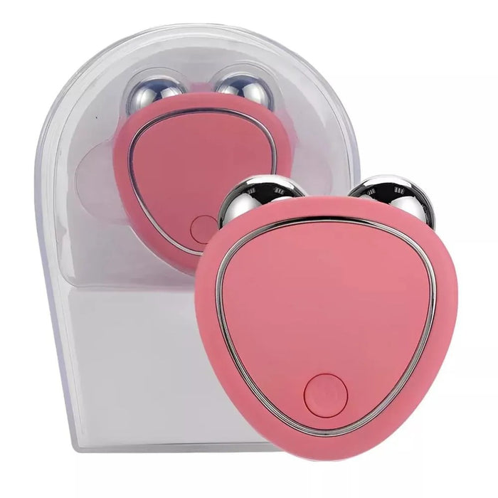 Masajeador facial de microcorriente en rosa junto a su empaque