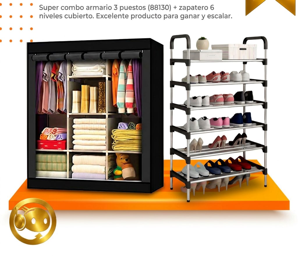 Combo: armario de tela 3 puestos + zapatero cubierto de 6 niveles