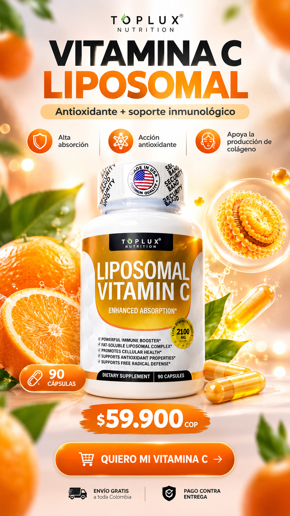 Frasco de vitamina C liposomal de 90 cápsulas