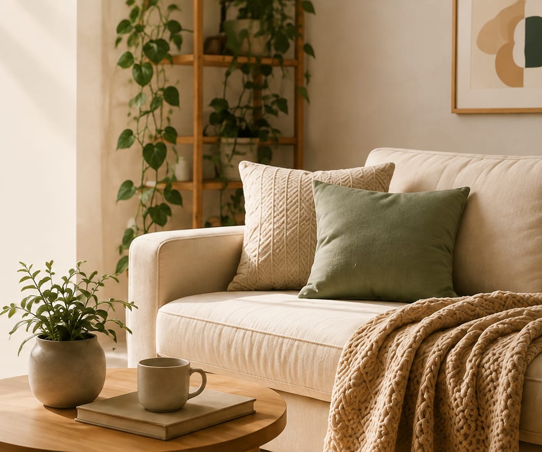 Sala de estar cálida con sofá, cojines y plantas